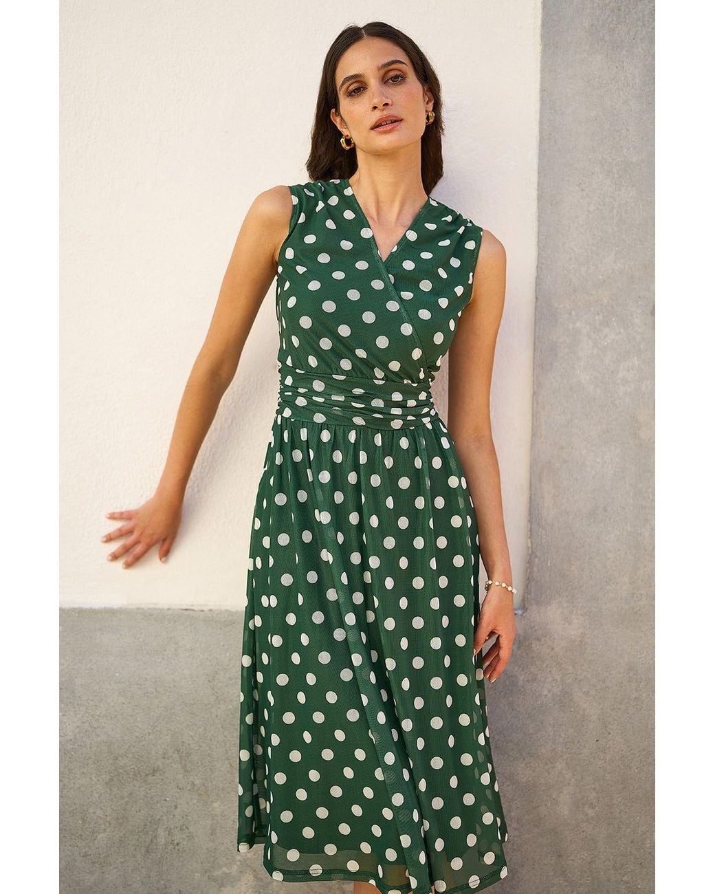 Yumi' Green Polka Dot Mesh Wrap Skater Dress With Pockets
