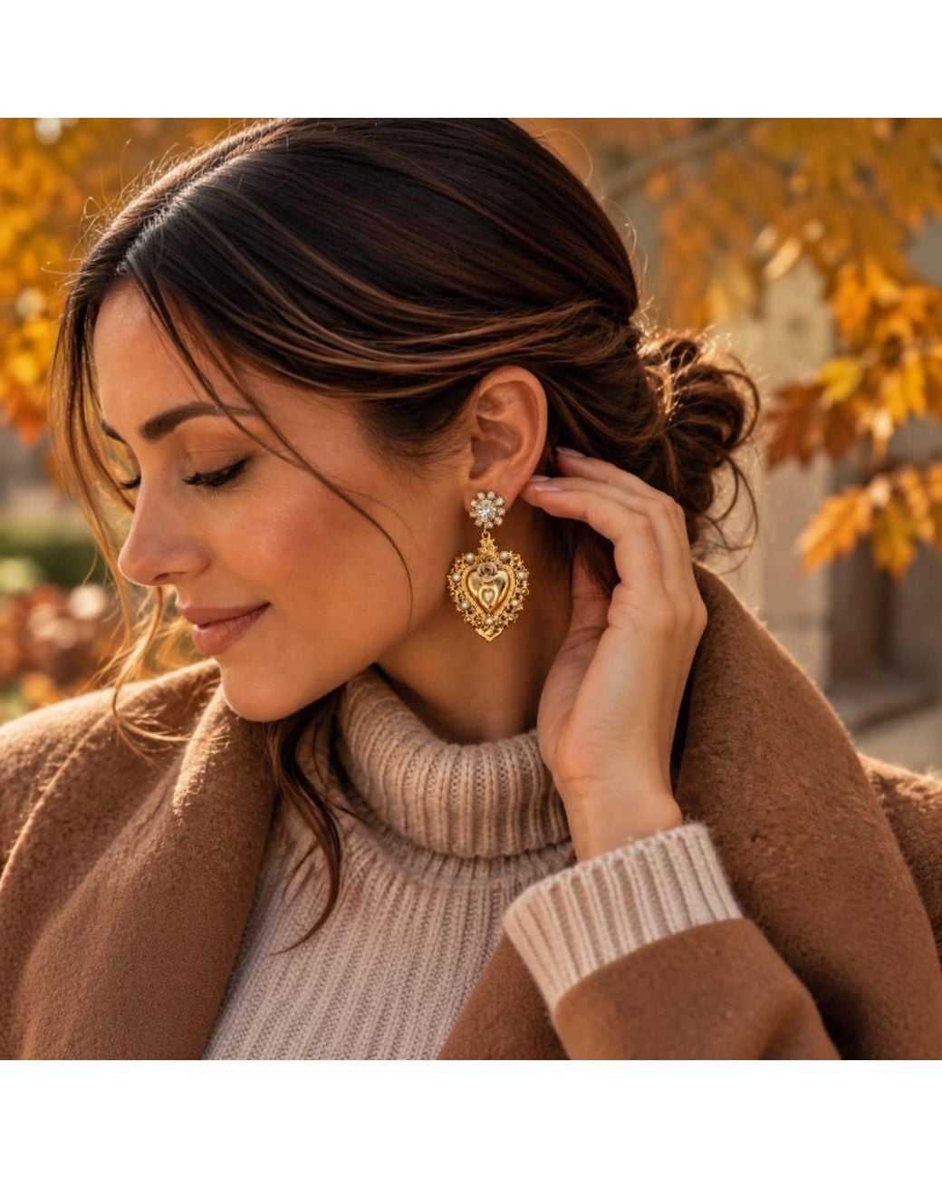 Vstyle Metallic Sacred Heart Pearl Earrings
