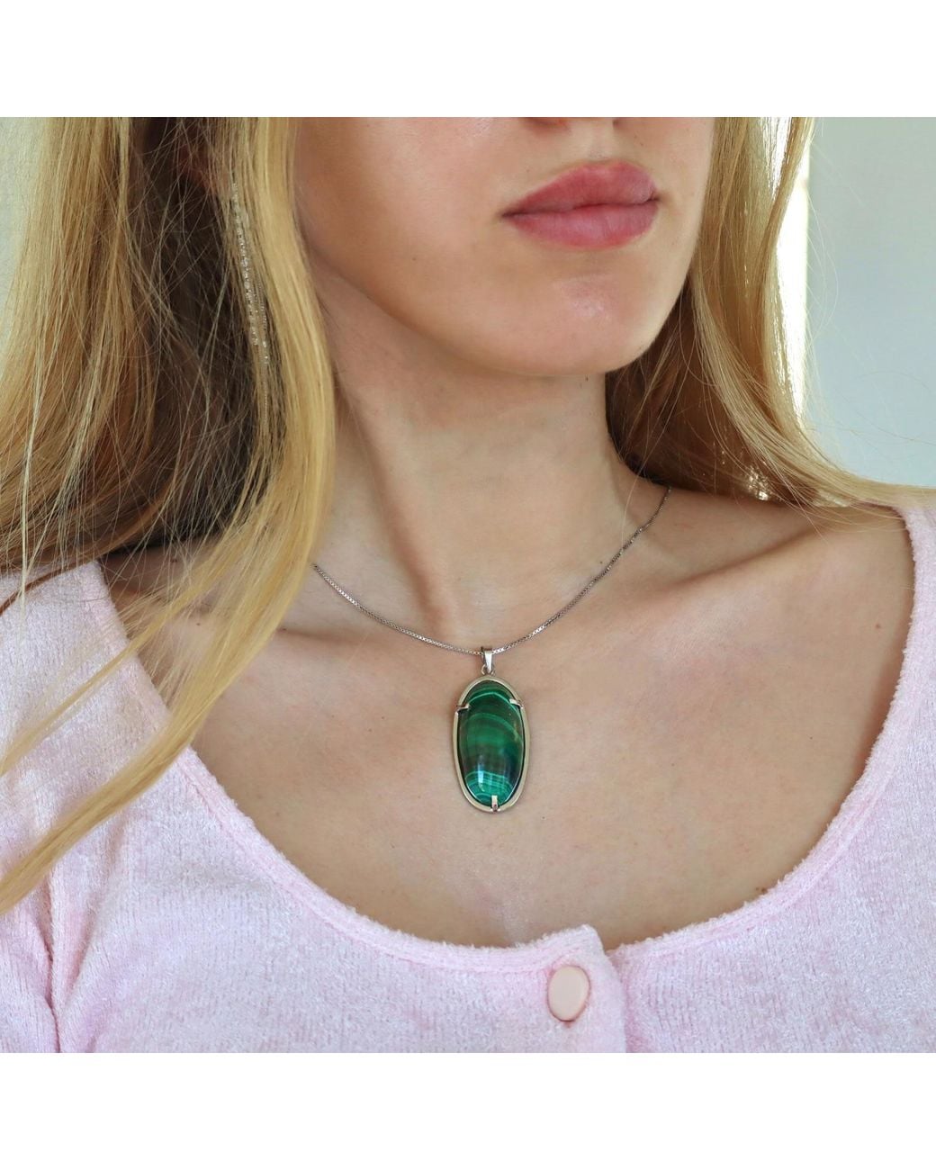 Mineralgems•Studio Green Malachite Pendant With Sterling Chain