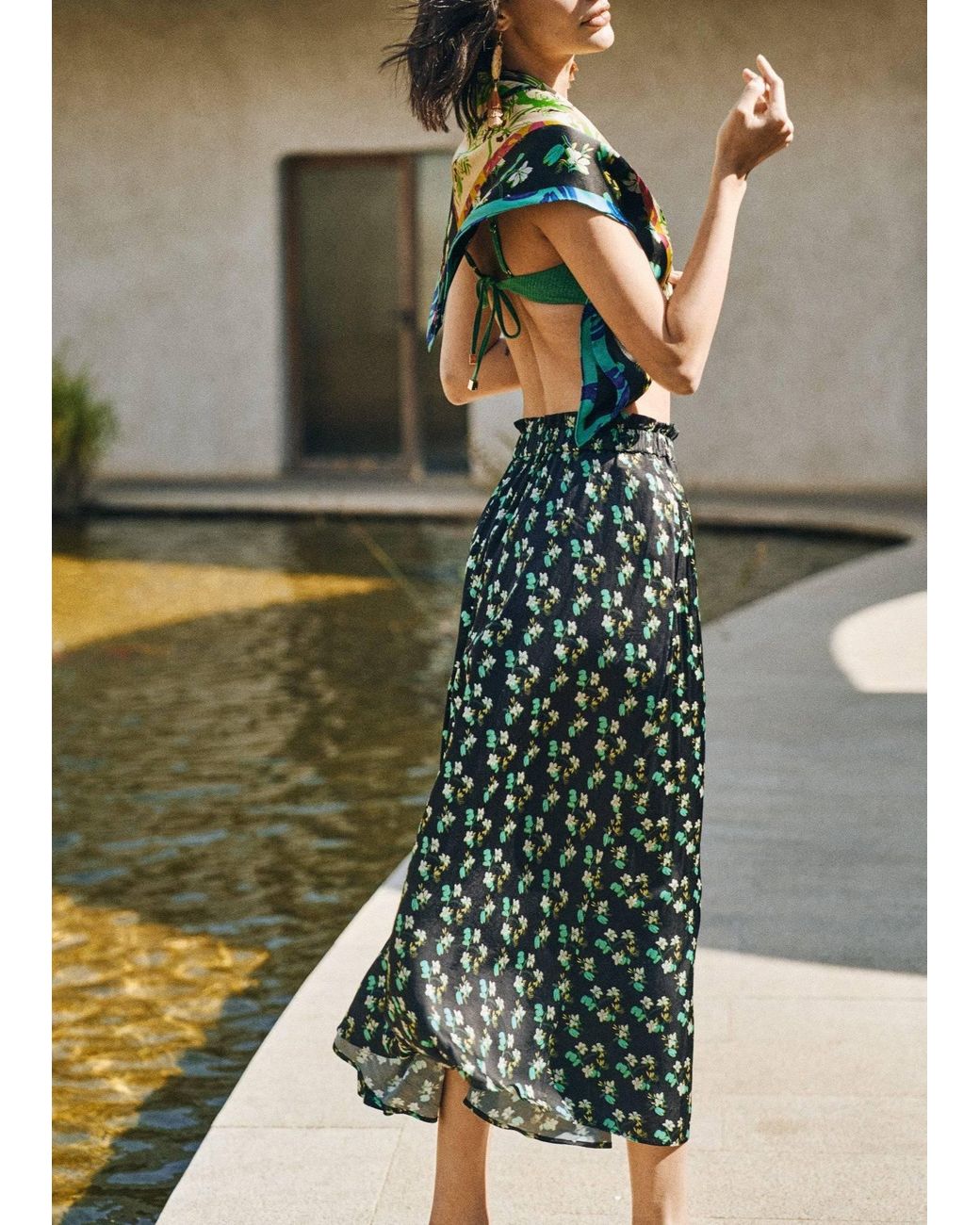 Lost Pattern Green Beach Blossom Satin Midi Skirt