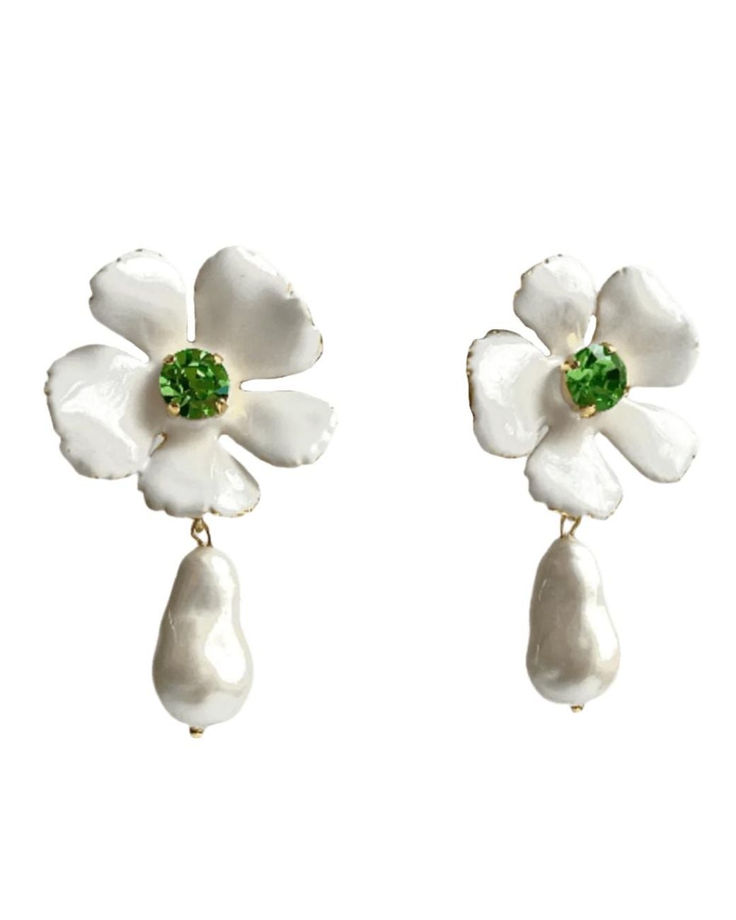 Laura Gray Green Enamel Flower Pearl Drop Post Earrings