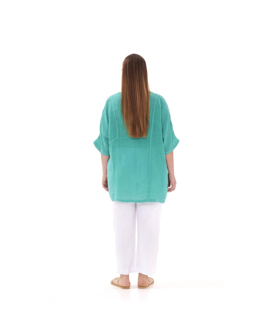 Haris Cotton Blue Front Pocket Curve Linen Gauze Blouse With Batwing Sleeve Ocean Air
