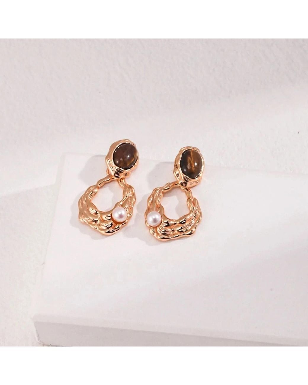 Angel Barocco Metallic Tiger Eye & Pearl Sculptural Drop Earrings – Vermeil