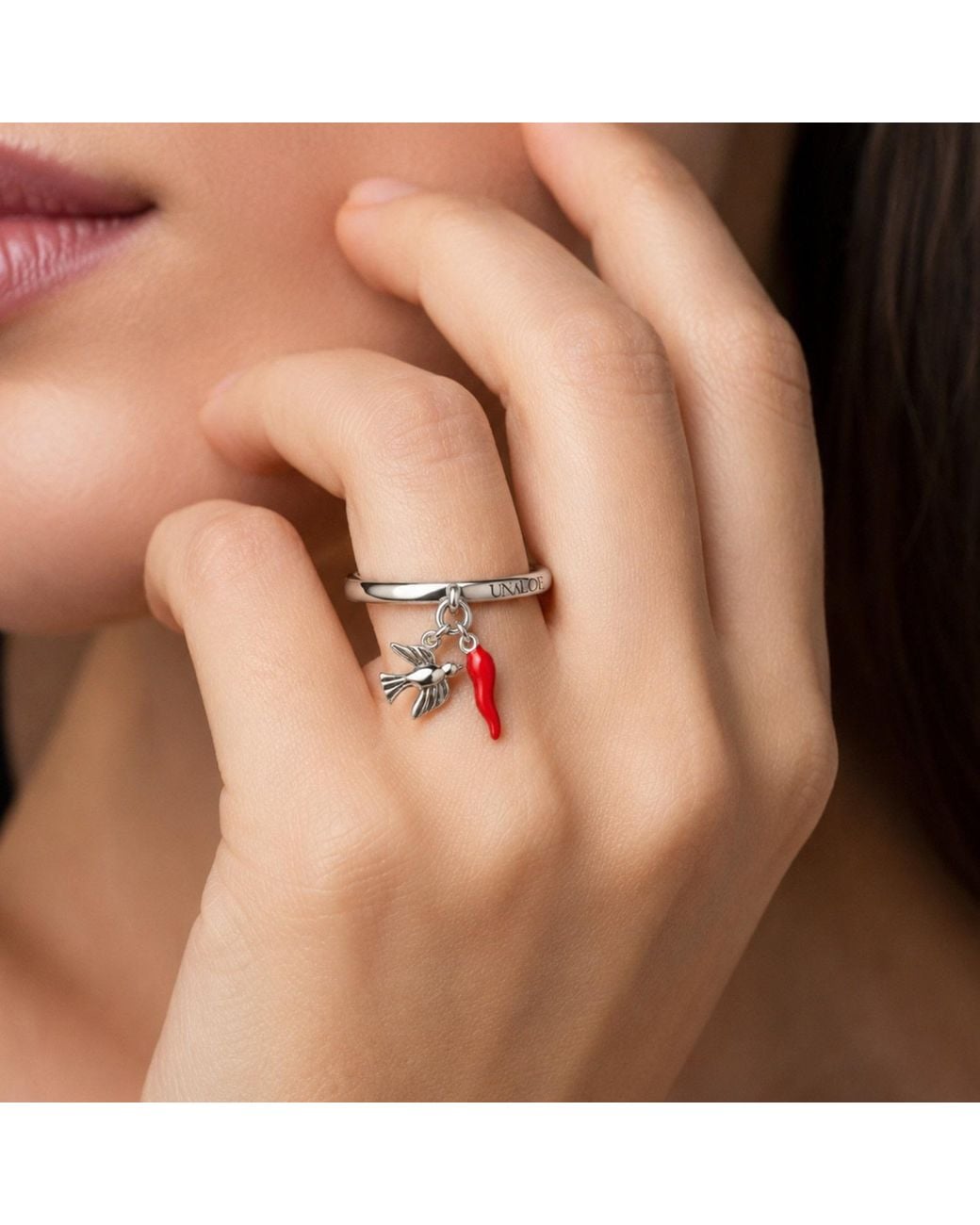 Unaloe White Adjustable Sterling Italian Horn And Dove Charm Ring