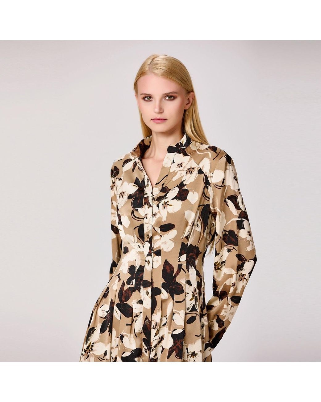 Smart and Joy Natural Neutrals Macro Flower Print Shirt Dress