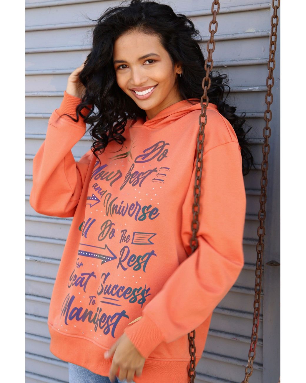 Miracles Manifester Orange Inspirational Affirmation Hoodie With Reflective & Rhinestone Design