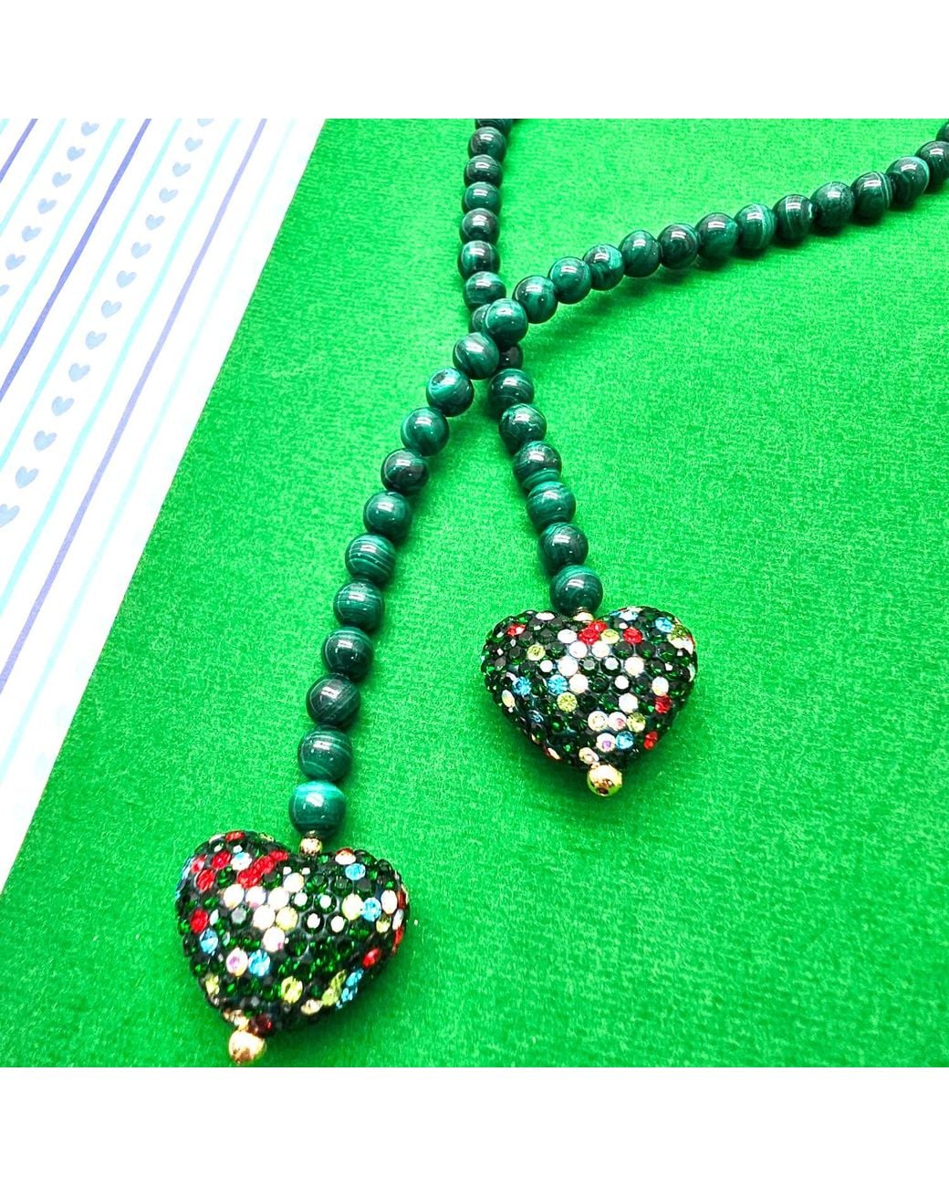 Farra Green Malachite With Rhinestone Heart Open-Ended Versatile Bag Charm