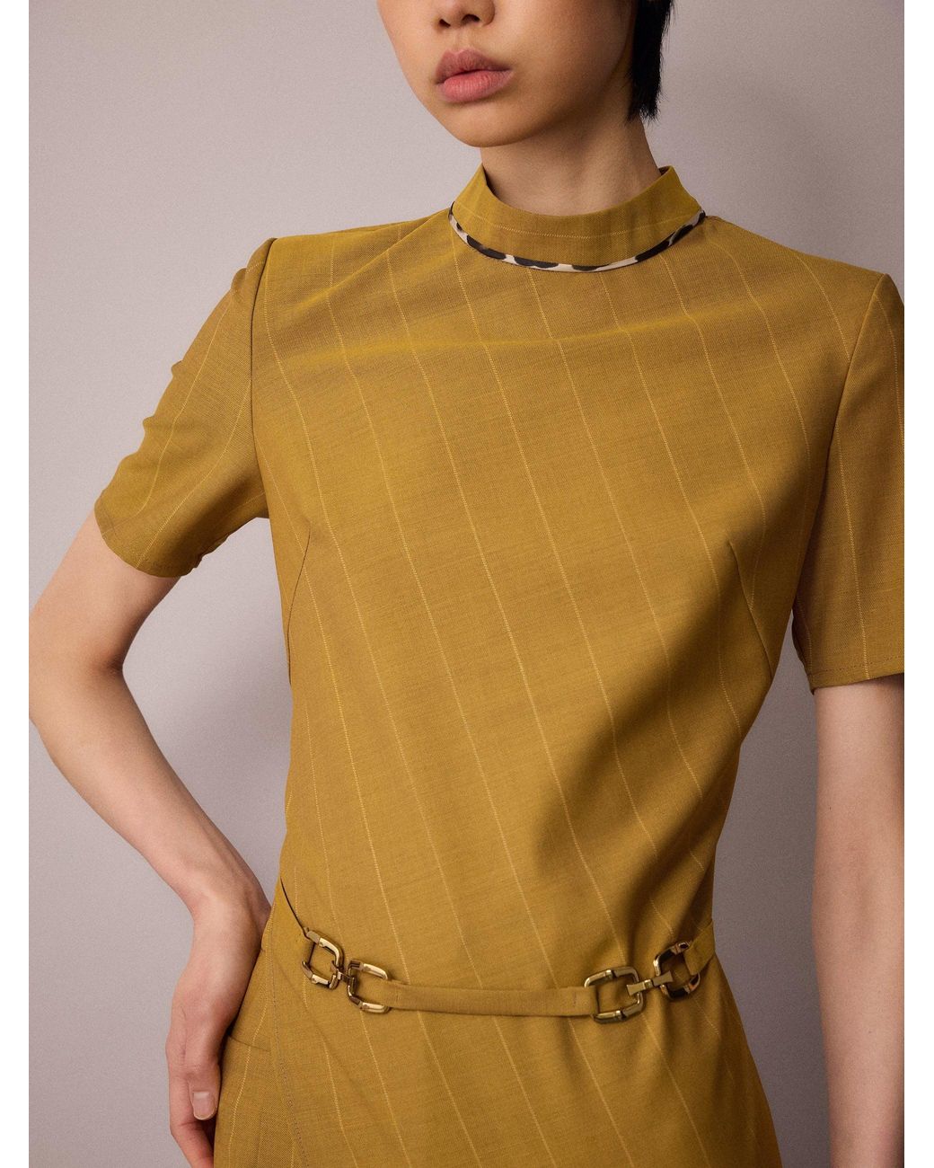 Amanda Thompson Couture Metallic Tilda Asymmetric Top/ Mustard Pinstripe