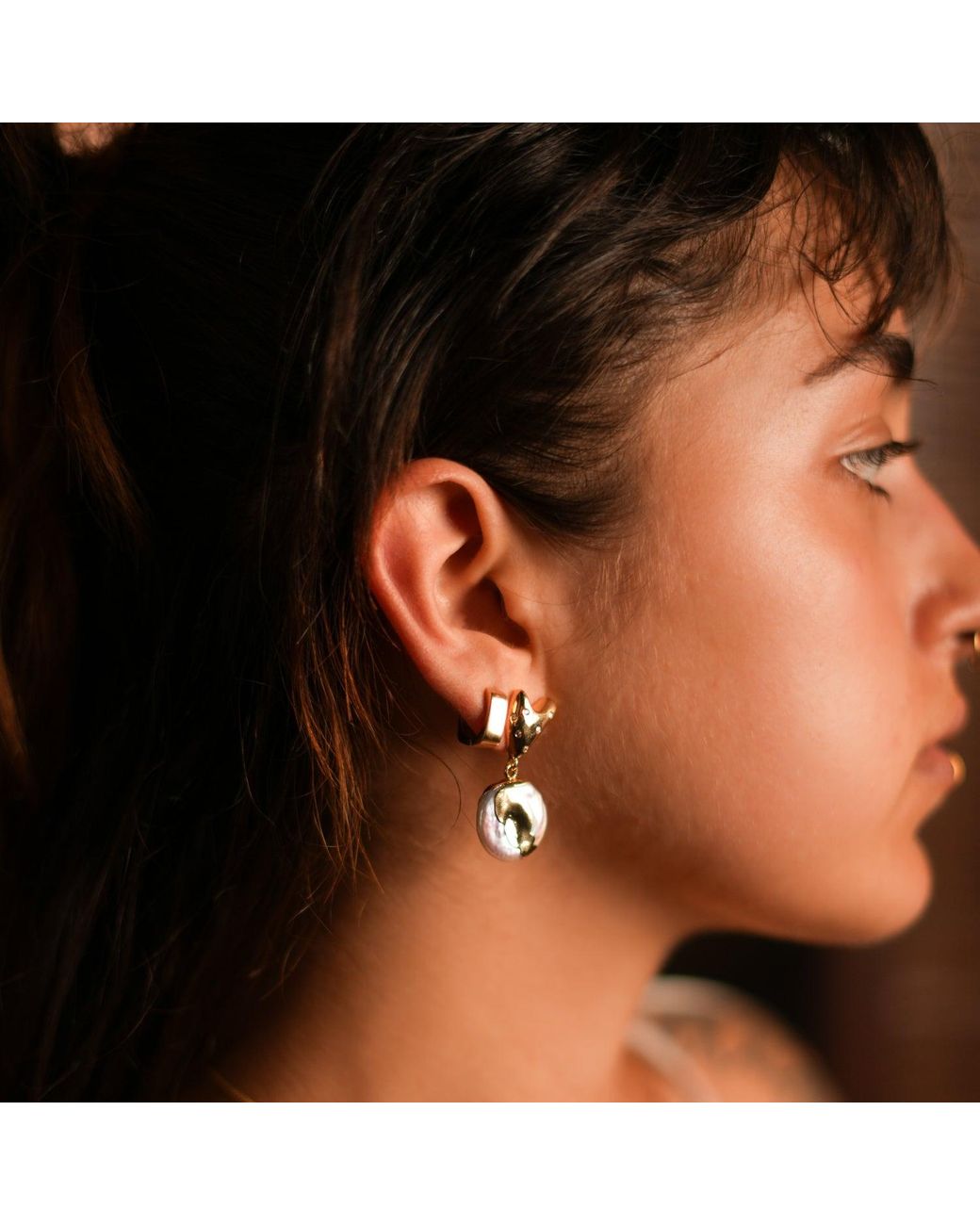 Ebru Jewelry Metallic Love Melted & Diamond Heart Stud Pearl Drop Earrings