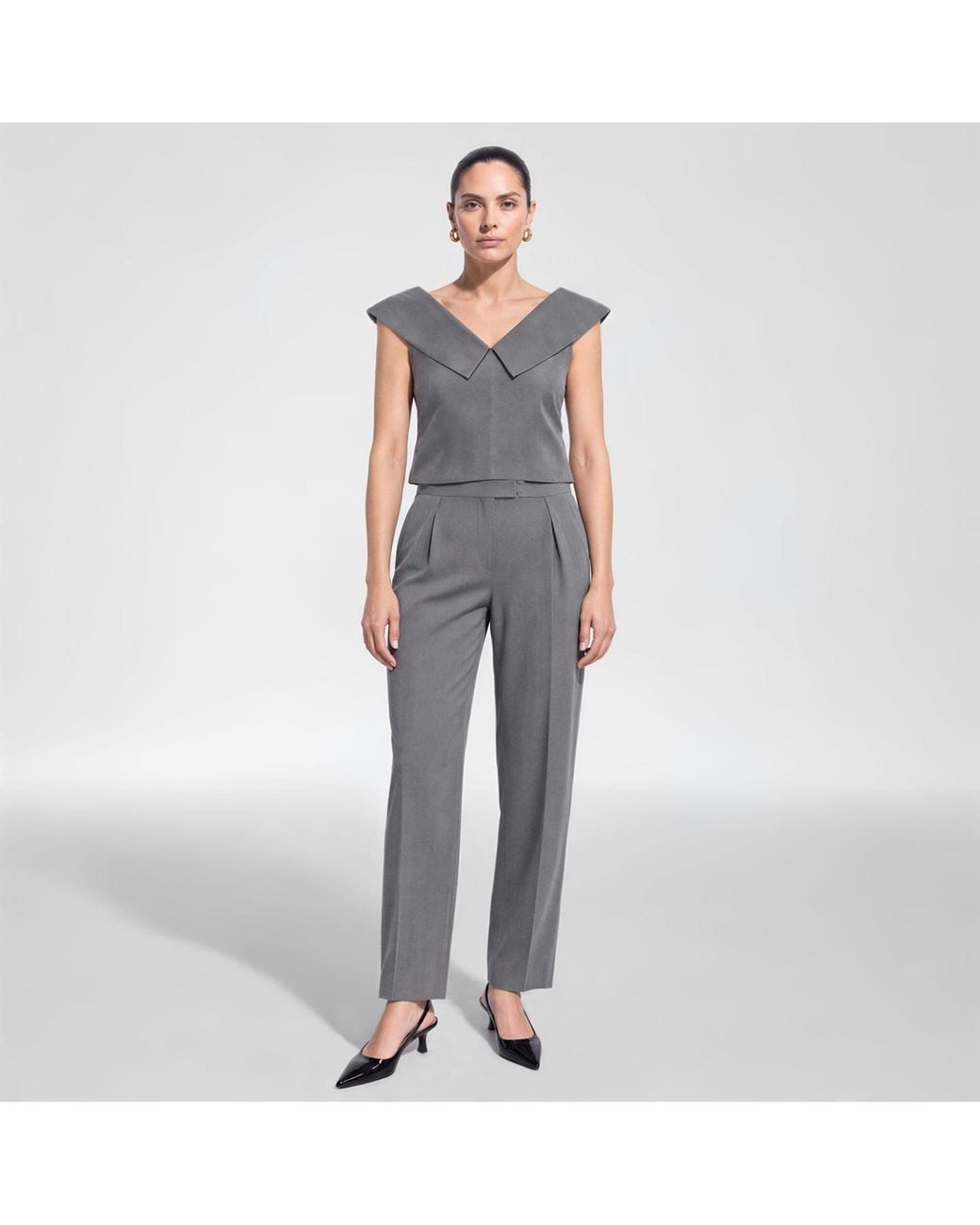 Femponiq Gray Off Shoulder Collared Crop Top