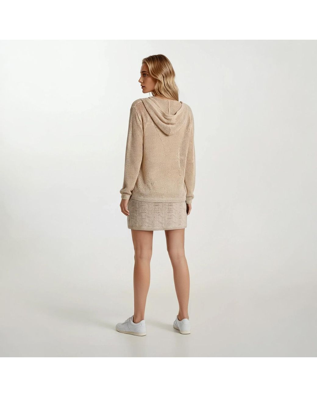 Haris Cotton Natural Neutrals Open-Knit Cardigan With Hood And Lurex Thread
