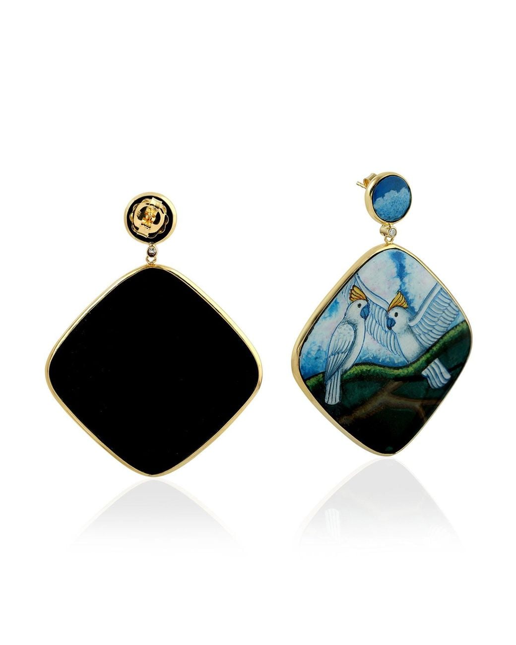 Artisan Blue Natural Diamond Dangle Earrings 18k Yellow Gold Bakelite Bird Print Enamel Jewelry