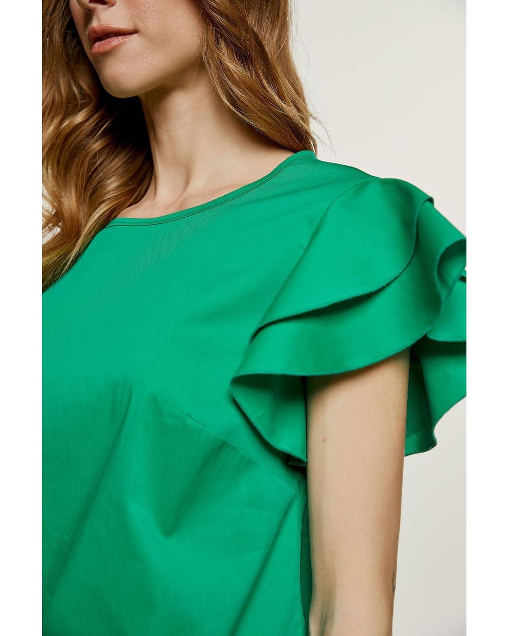 Conquista Green Sleeveless Frill Detail Cotton Poplin Top