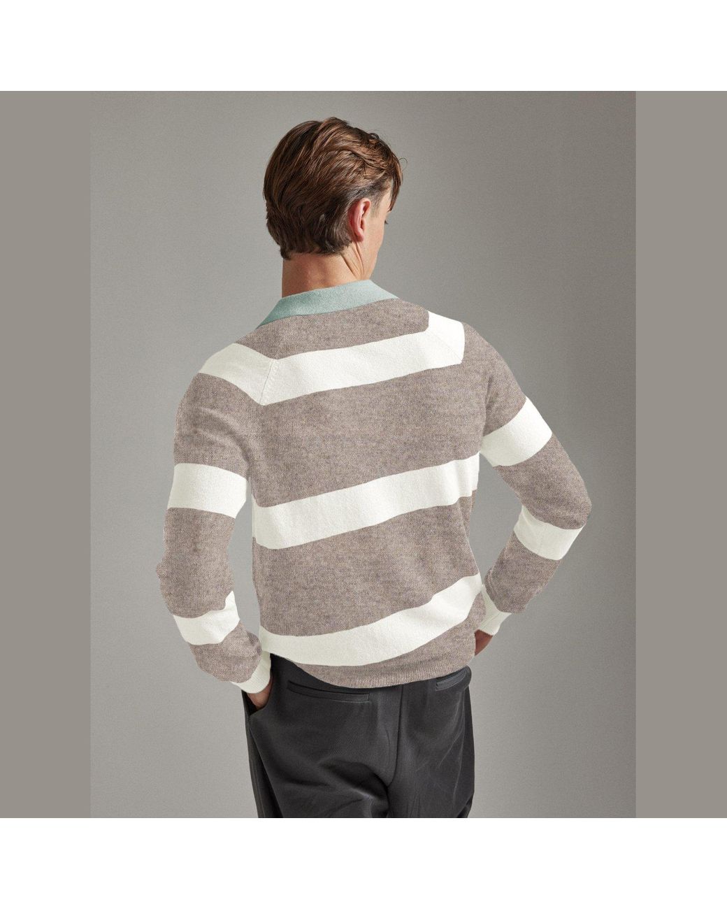 Salts Cashmere Gray Split Neck Polo Stripe Sweater