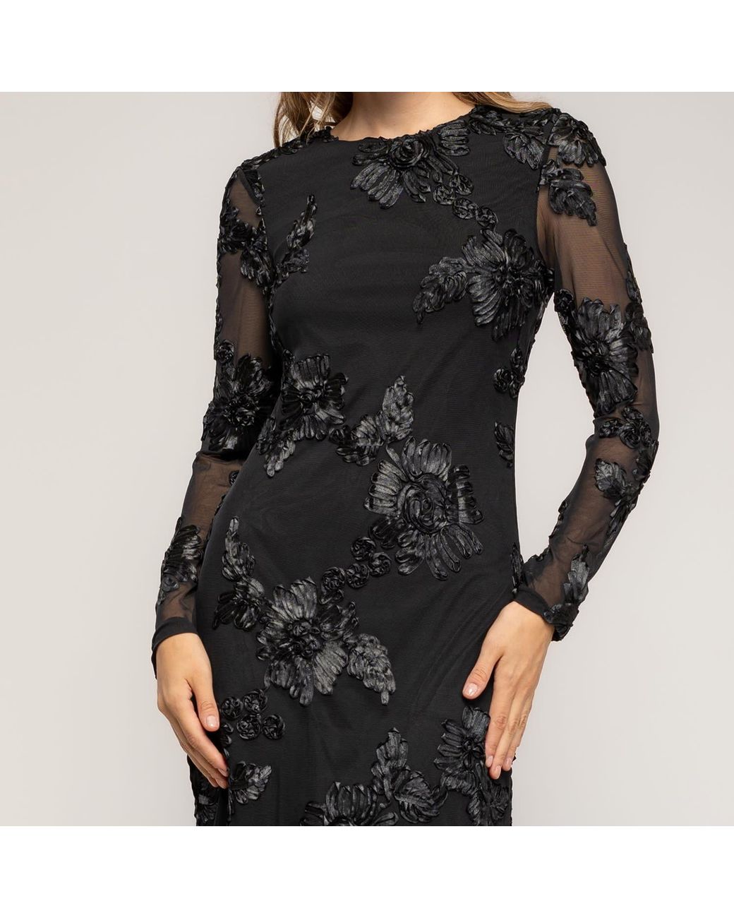 Tantra Spain Sl Black Long, Fitted Tulle Dress With A Open Back And Embroidered Flowers