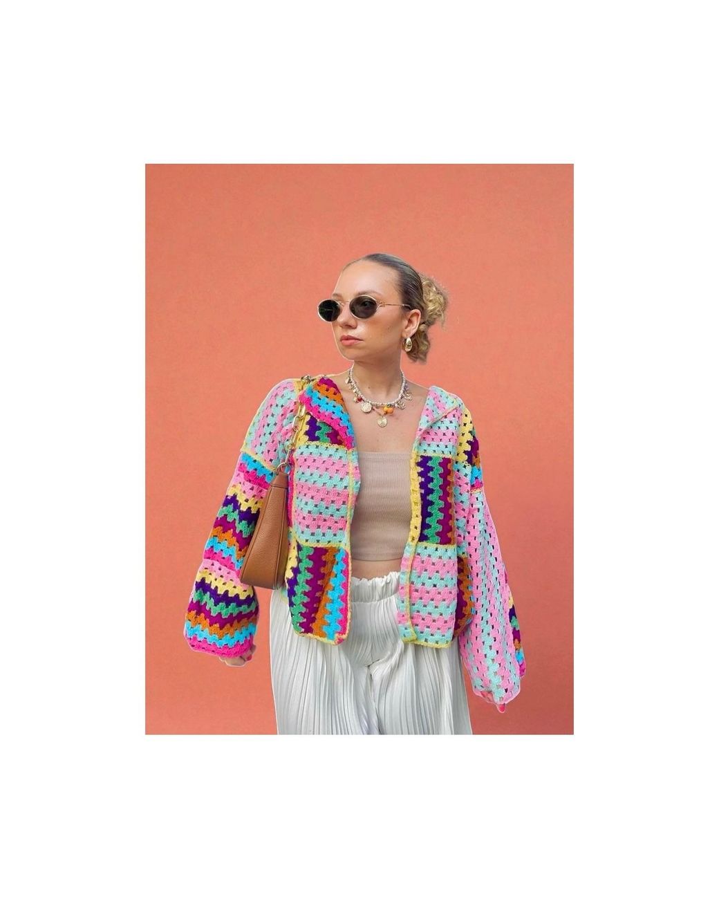 Ana Chic Red Striped Patchwork Handmade Crochet Cardigan