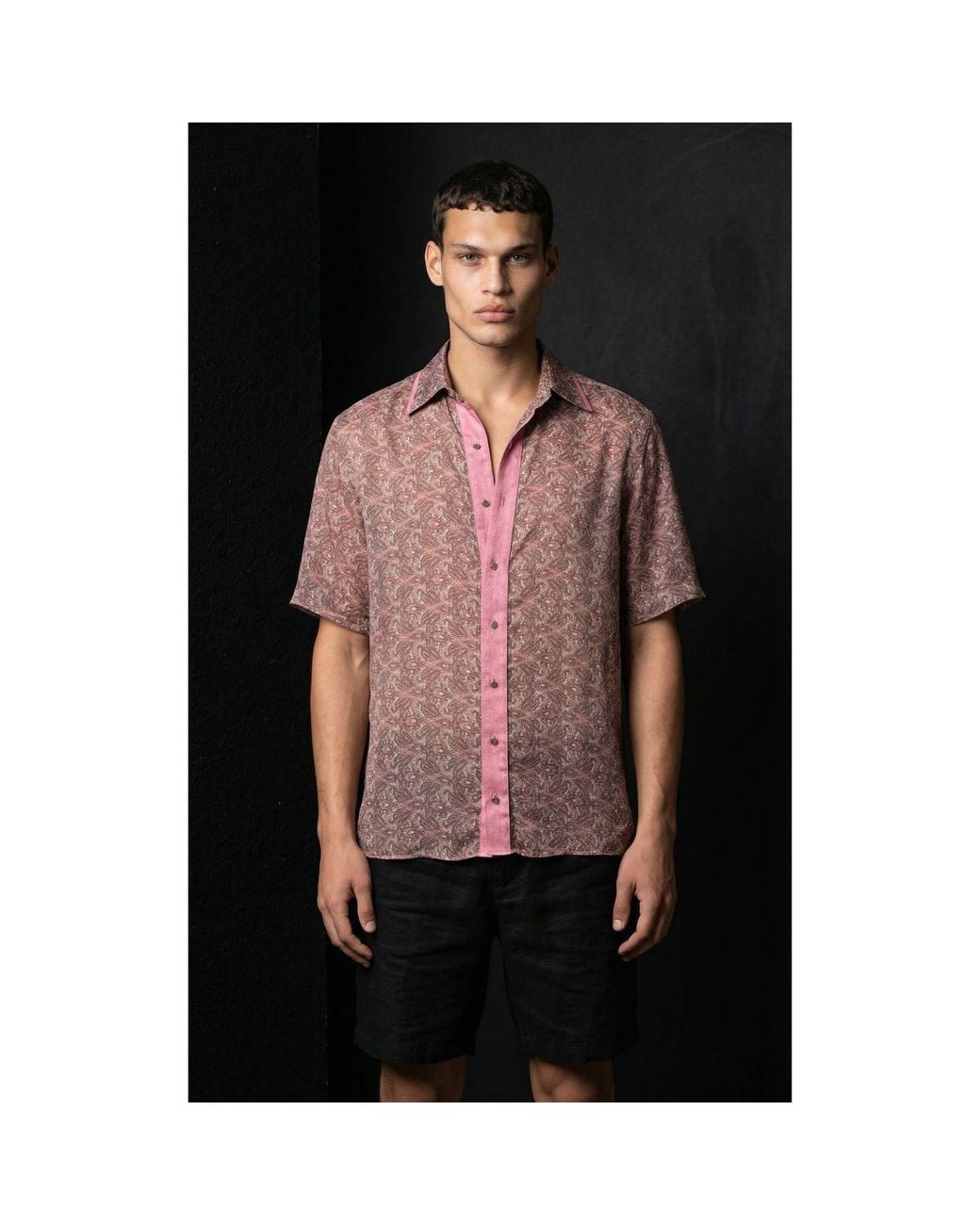 Monzlapur New York Pink Rose Paisley Motif Short Sleeve Shirt for men