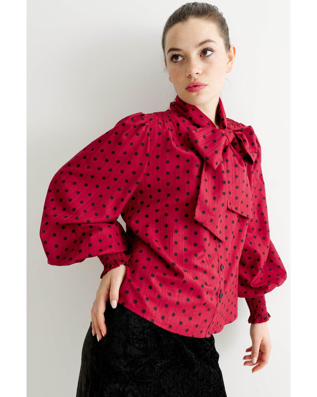 Louche Red Aditi Spot Tie Neck Blouse