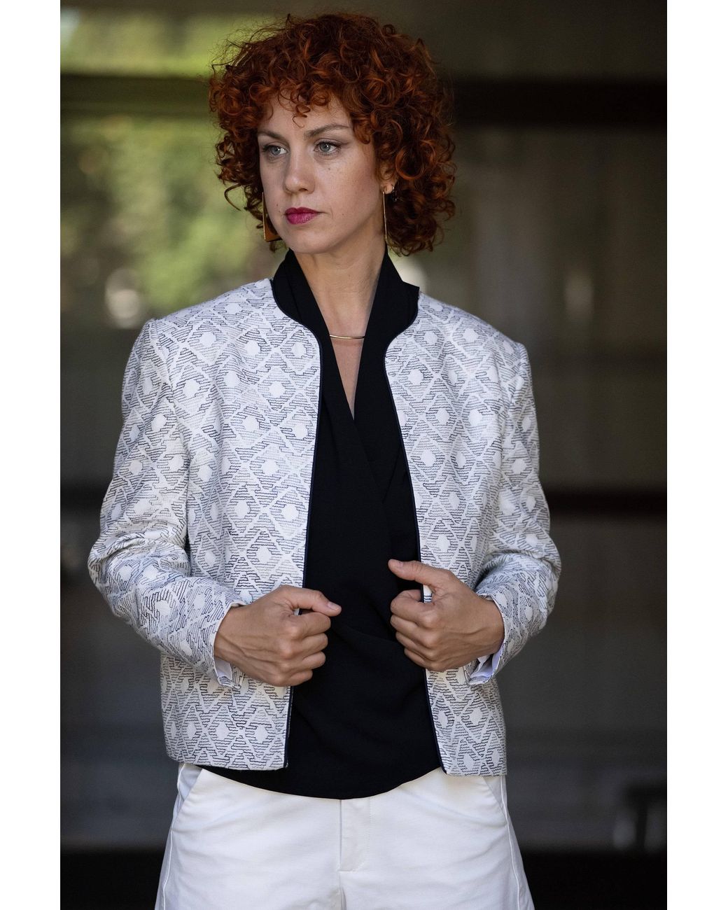 Stovaria Gray Ivory Embroidered Pure Linen Statement Jacket