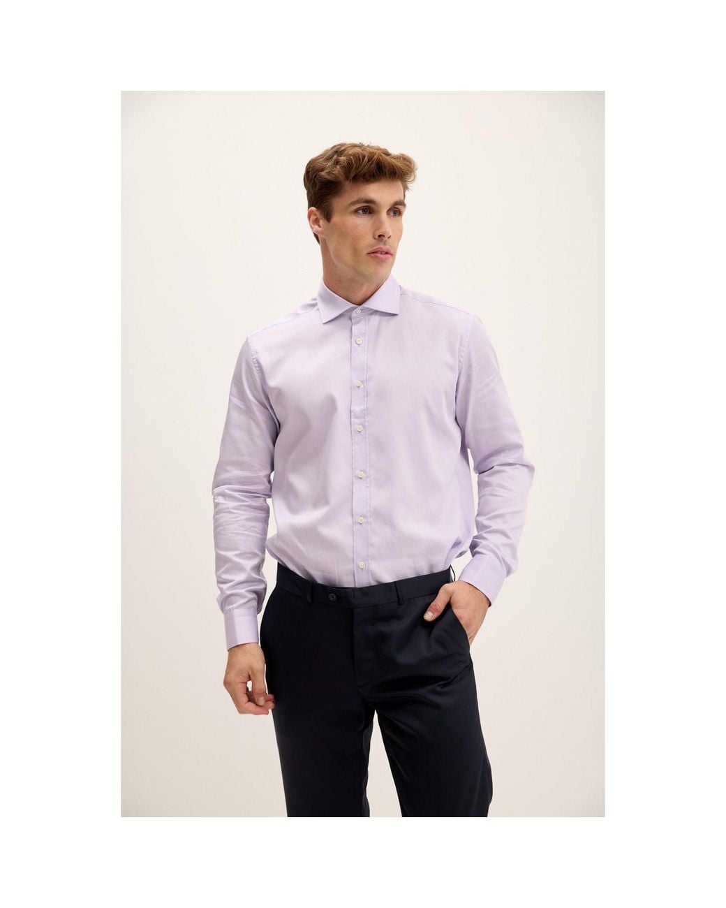 Ron Tomson Purple Pure Cotton Spread Collar Fitted Dress Shirt for men