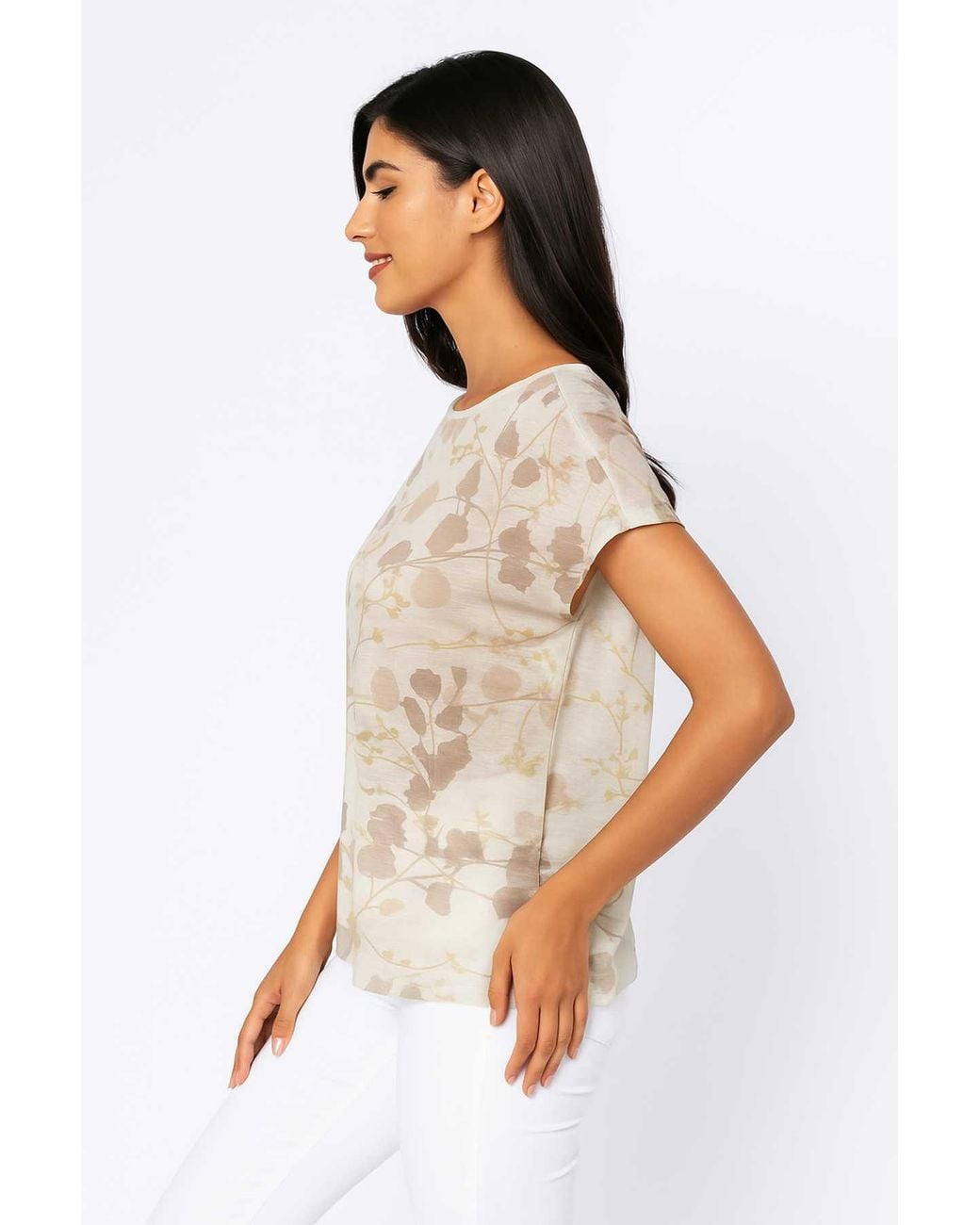 Conquista White Sheer Striped Jersey Top With Floral Print