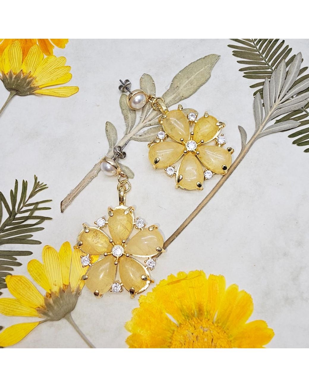 Farra Metallic Citrine Flower Dangle Statement Earrings