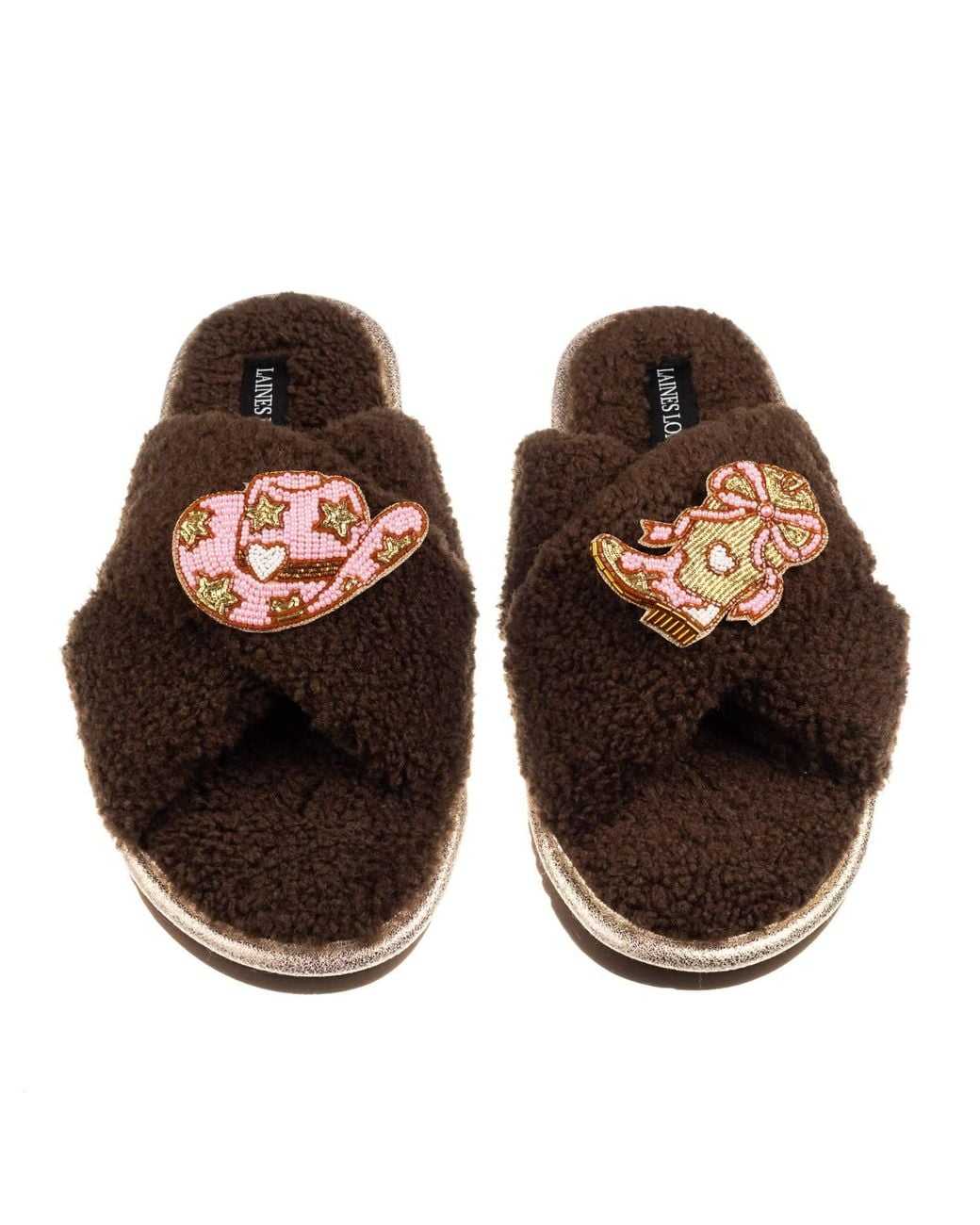 Laines London Brown Neutrals Laines Neutral Boucle Slippers With Cowgirl Hat & Cowgirl Boots Brooches