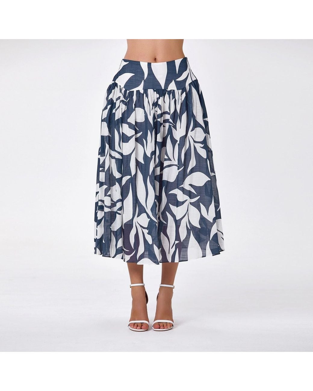 Smart and Joy Blue Midi Cotton Skirt With Leaf Print