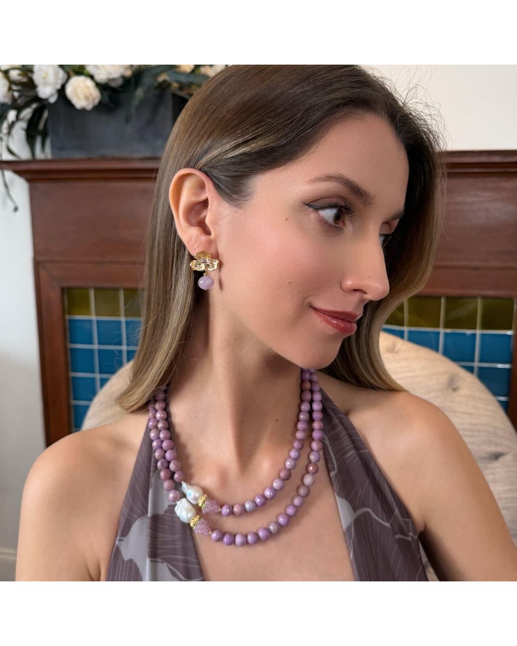 Farra Metallic Amethyst Dangle With Flower Stud Earrings