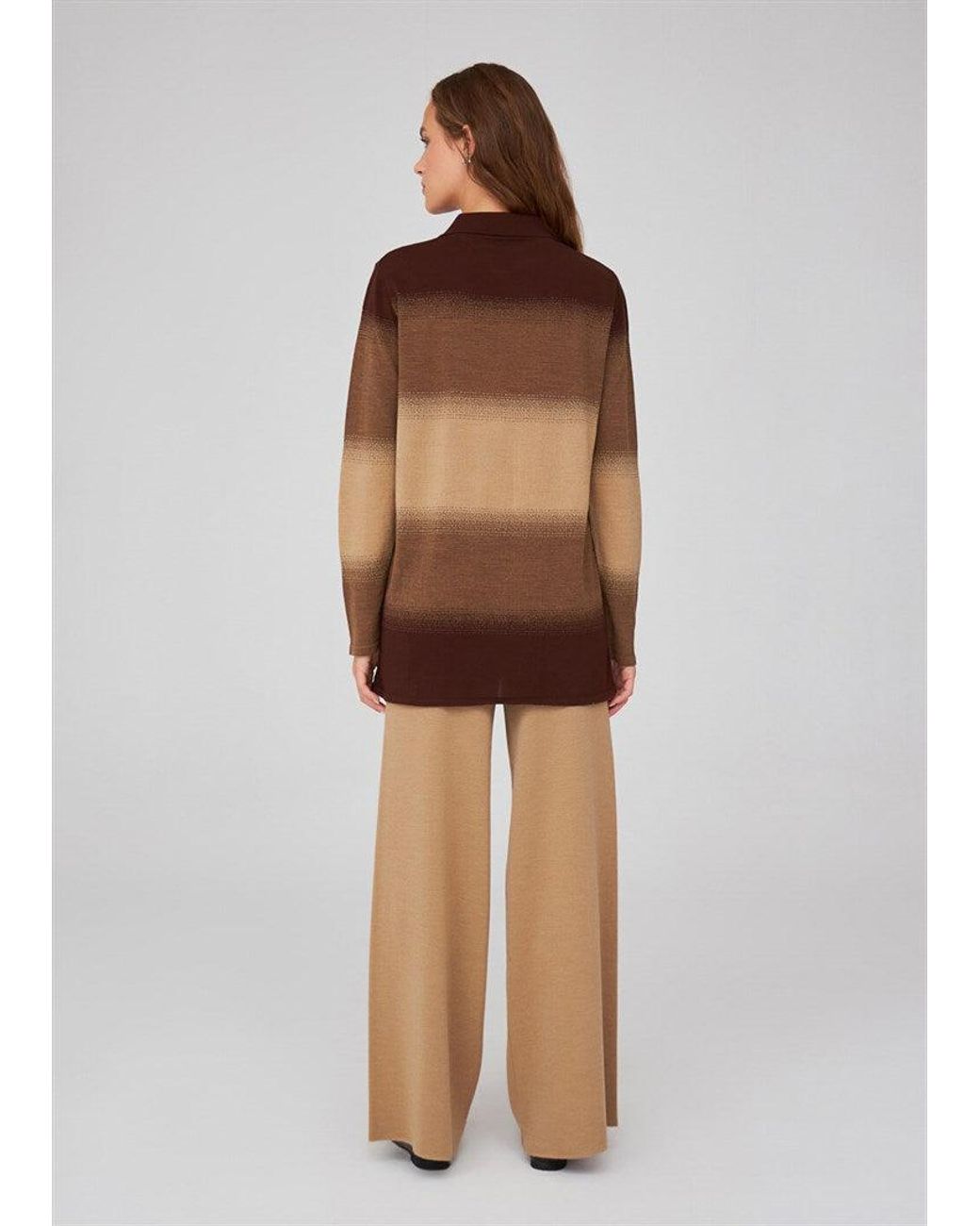 Peraluna Brown Polo-Neck Color Transition Knitwear Cardigan