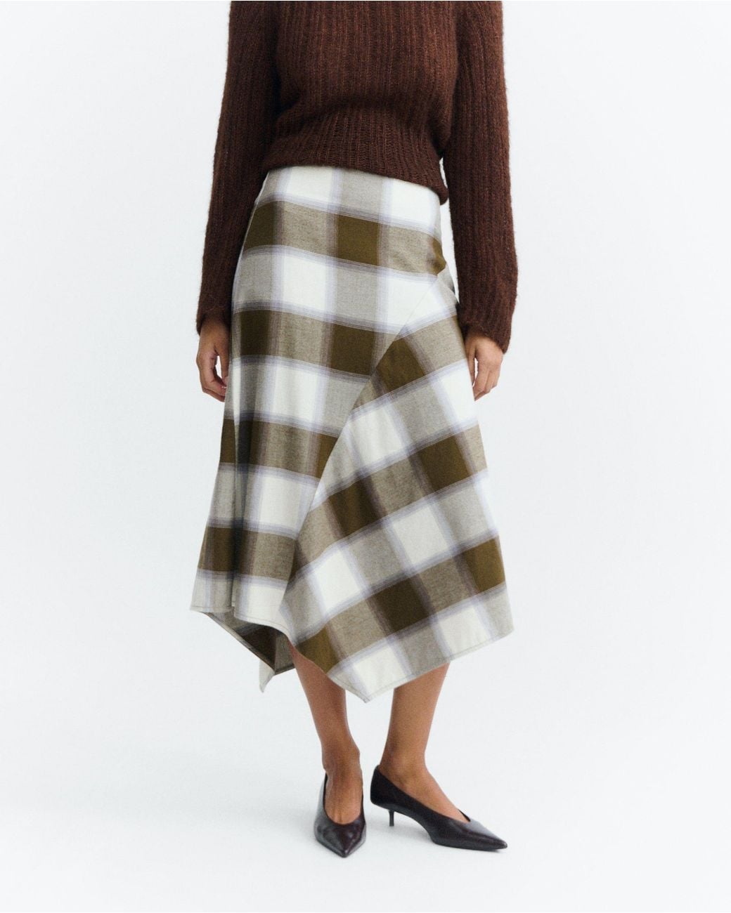 Thinking Mu Natural Indira Checkered Midi Skirt