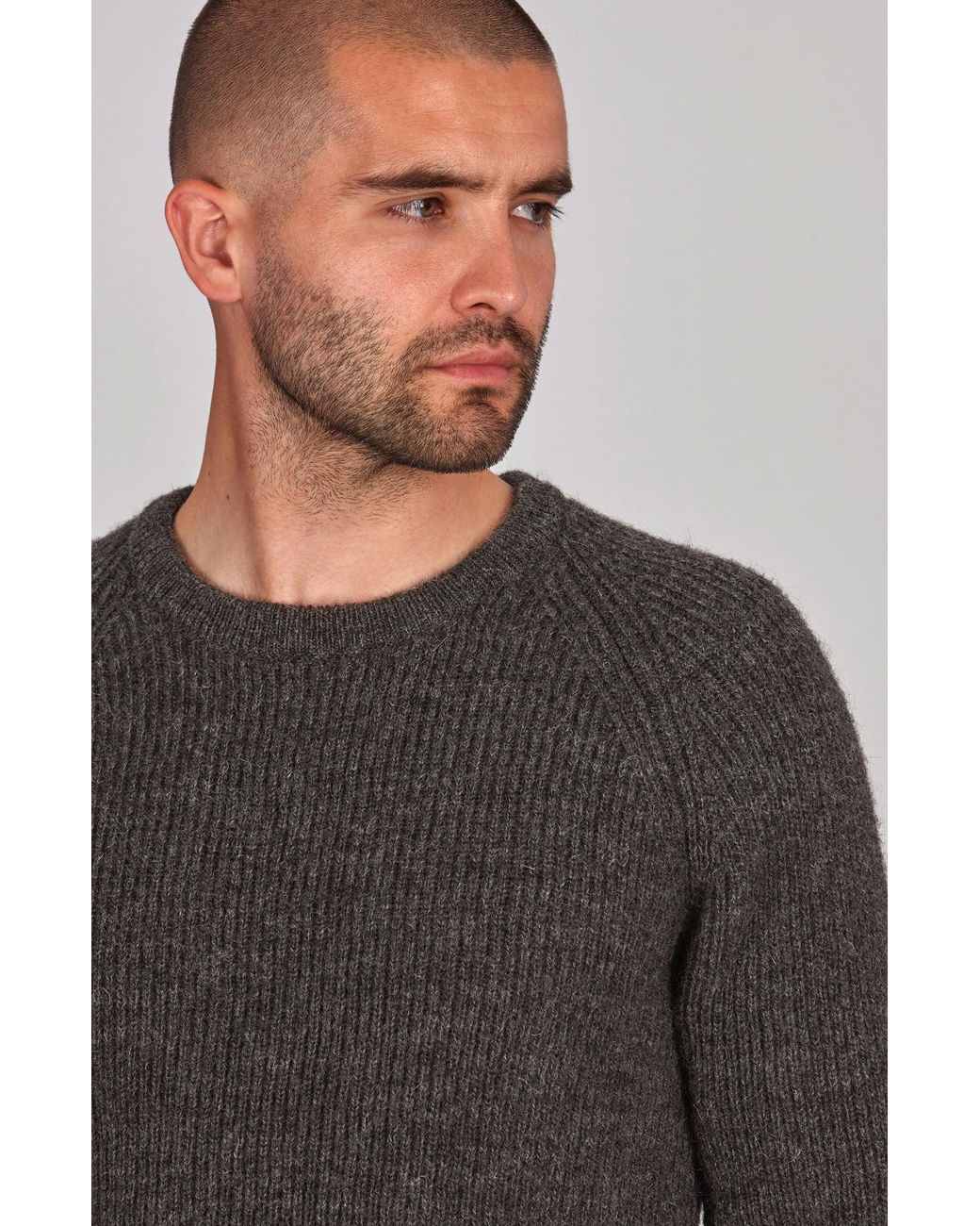 Paul James Knitwear Gray Sheepsoft British Wool Byroon Fisherman Rib Knit Jumper for men