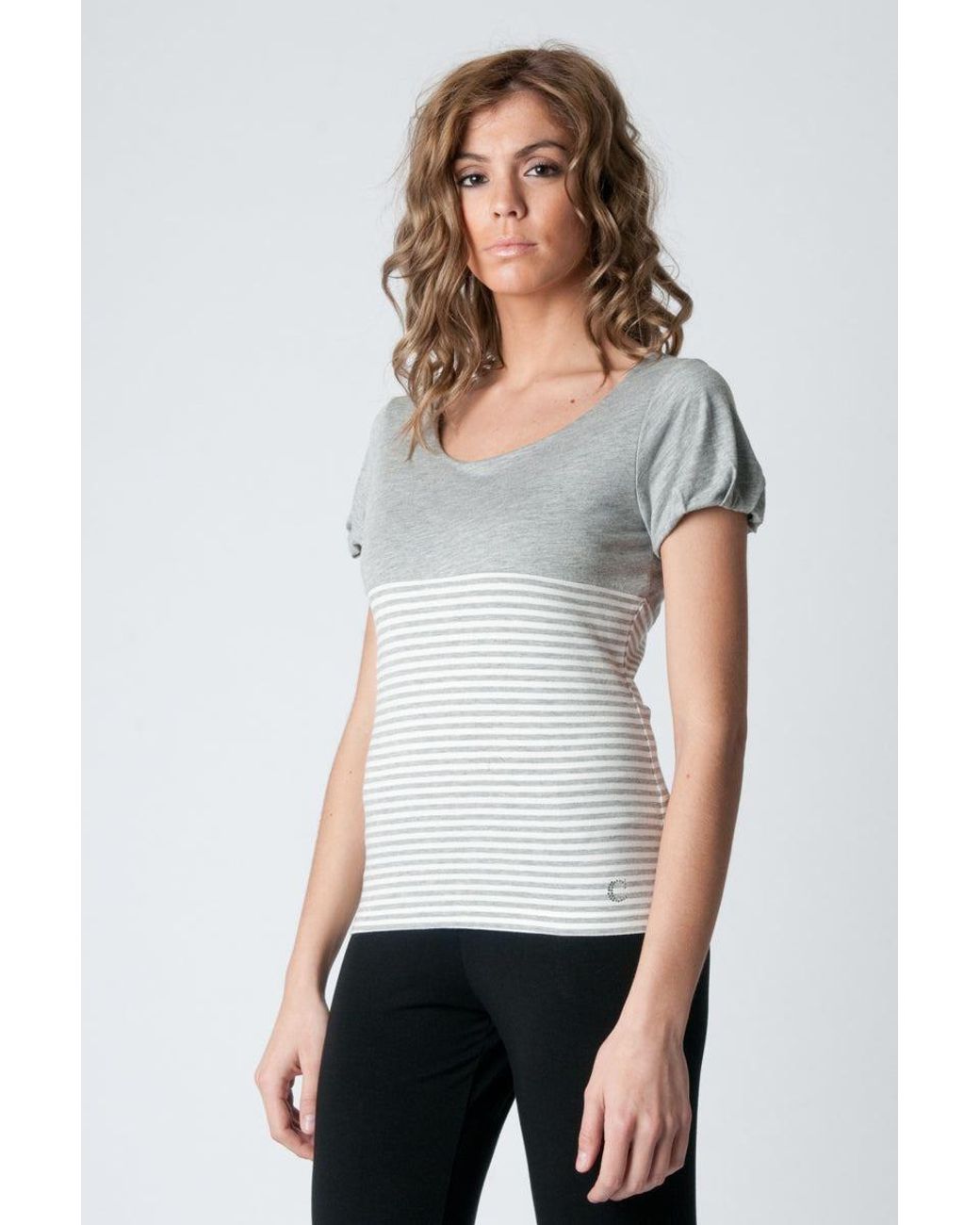 Conquista Gray Striped Short Sleeve Top
