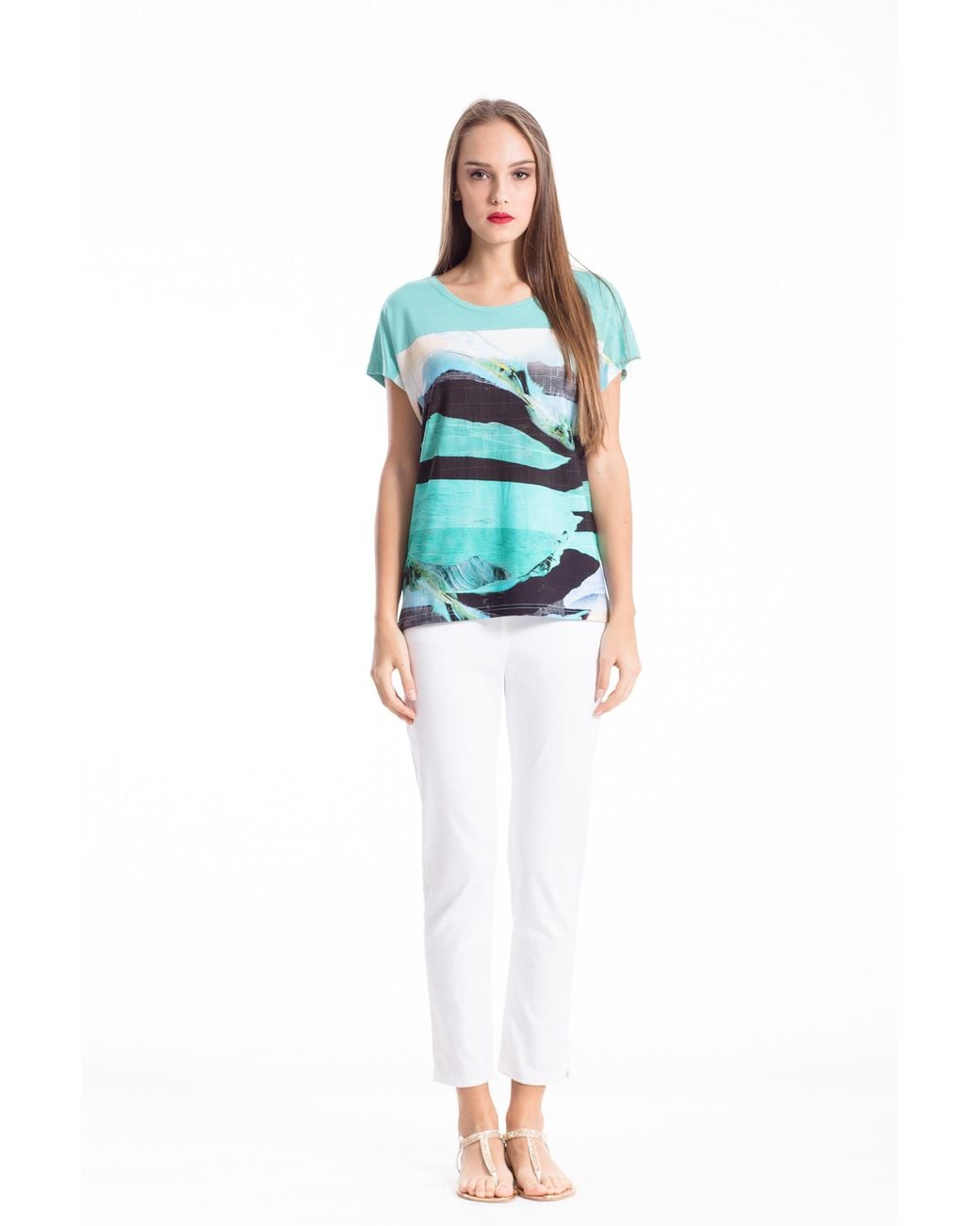 Conquista Green Short Sleeve Print Top By