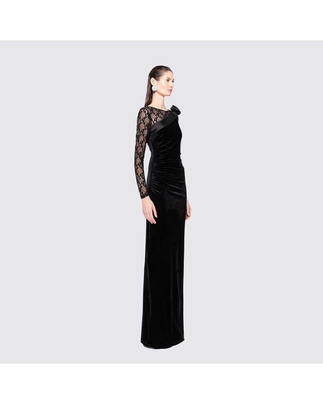 Nissa Black Lace-Trim Velvet Maxi Dress