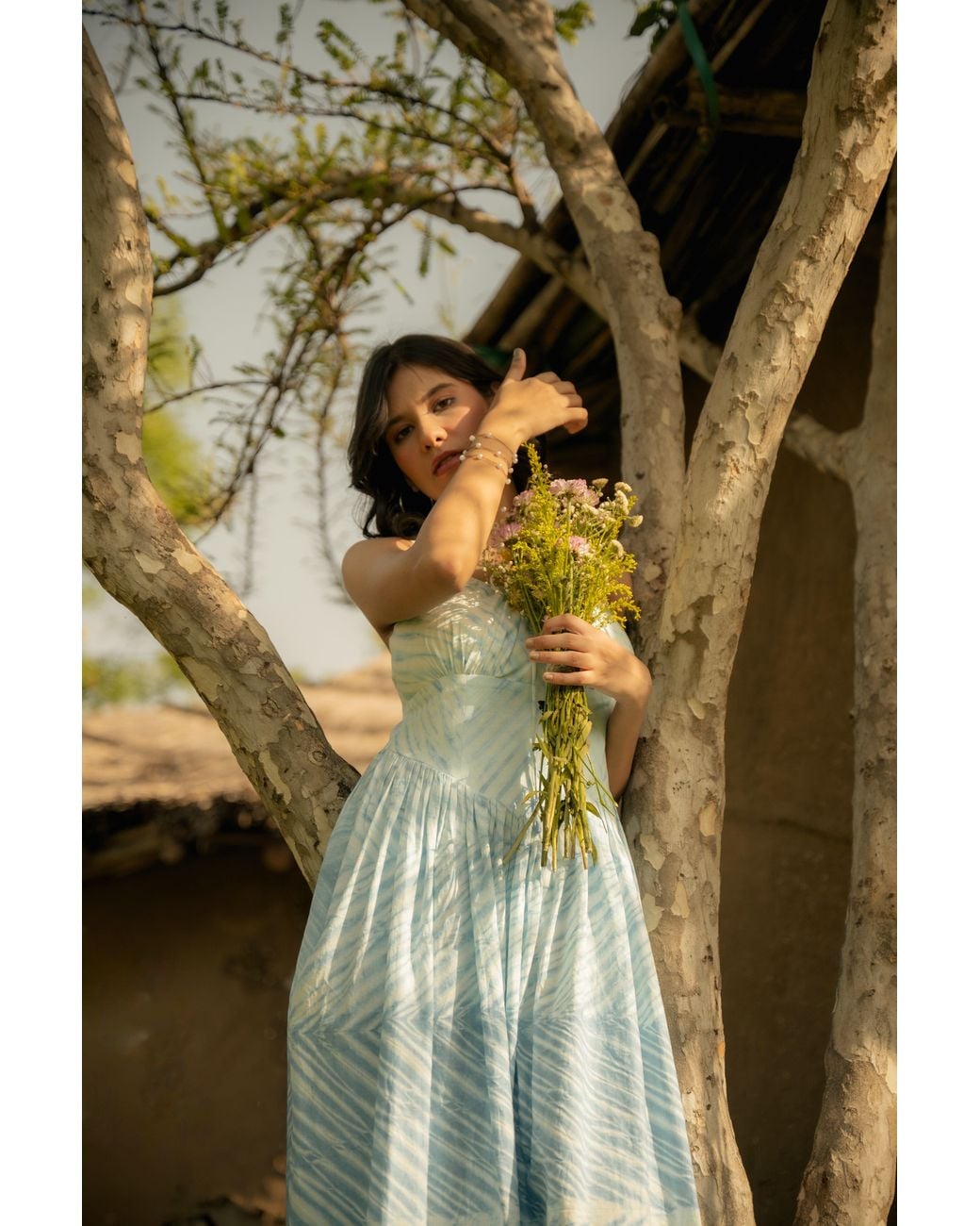 Charkha & Loom Blue Rhea Milkmaid Midi Dress