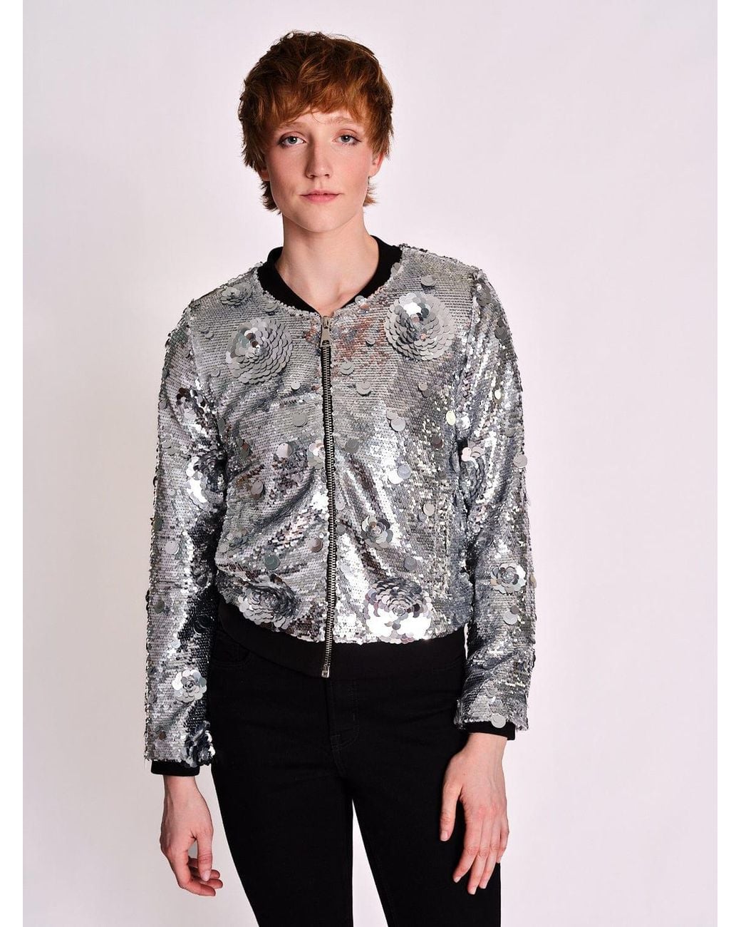 Any Old Iron Gray Petal To The Metal Sequin Bomber Jacket