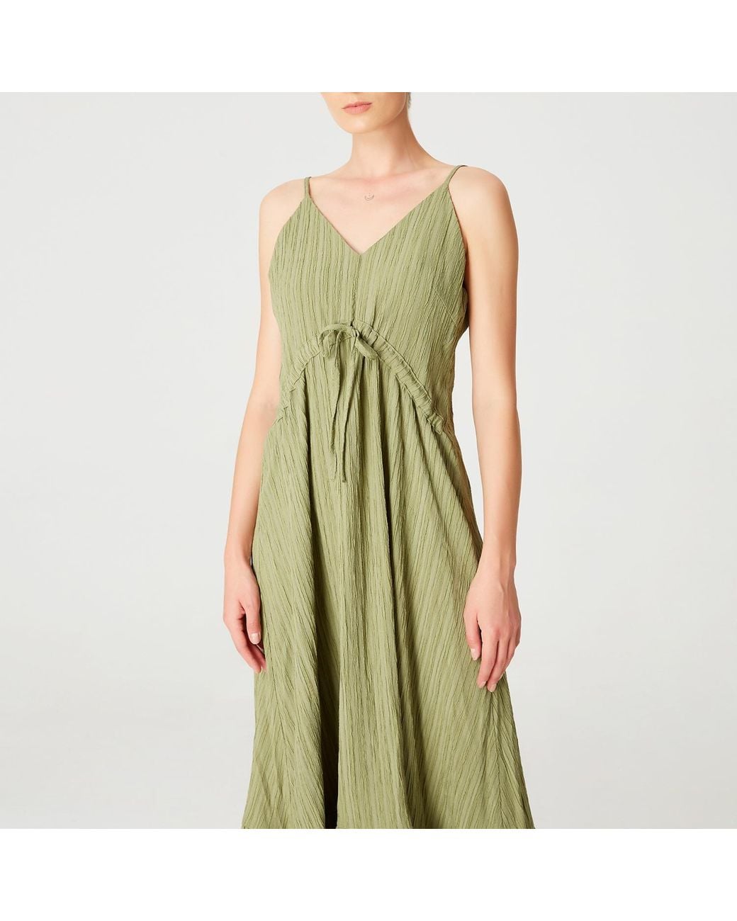 Smart and Joy Green Trapeze Midi Dress With Drawstring And Thin Shoulder Straps