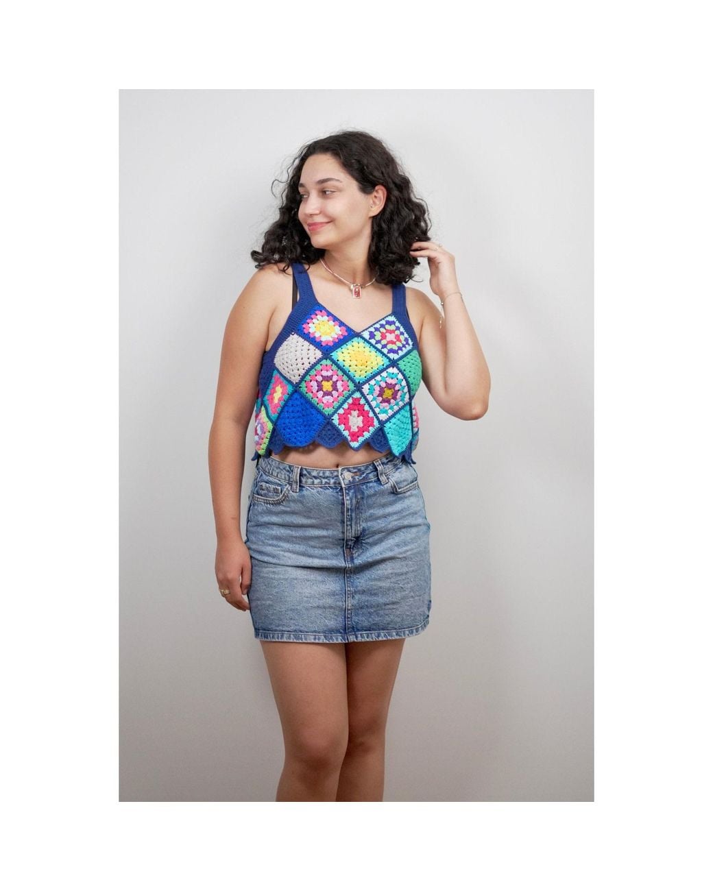 Ana Chic Blue Trim Granny Square Handmade Crochet Crop Top
