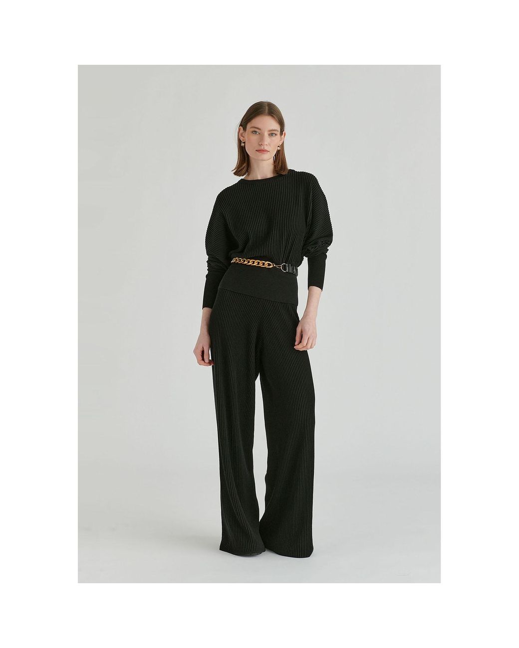 Paisie Black Ribbed Trousers With Wide Waistband