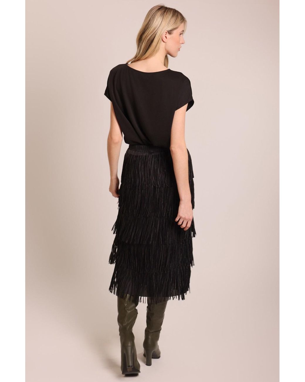 Traffic People Black Anything Goes Fringed Tiered Gloria Midi Skirt