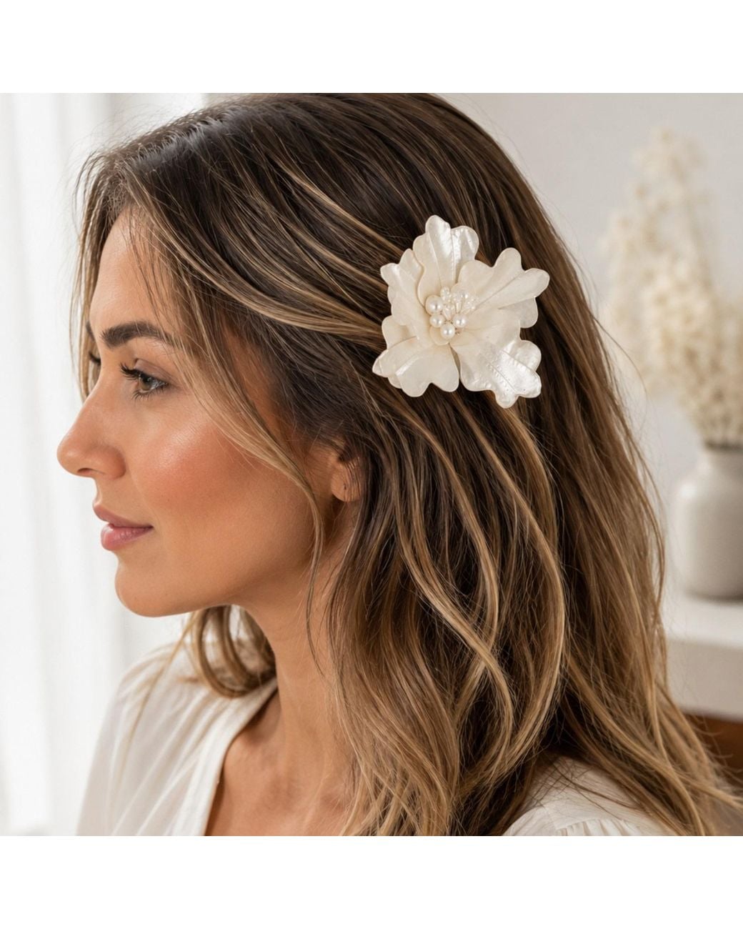 Nuvv Collection Brown Handmade Mother Of Pearl Floral Hair Ornament – Decorative Hair Clip Cover
