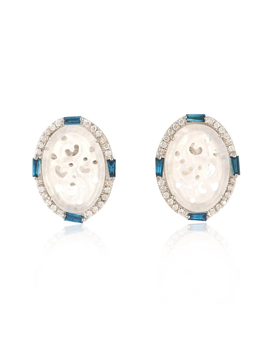 Artisan Metallic White Gold Diamond Jade Victorian Carving Stud Earrings Handmade Jewelry