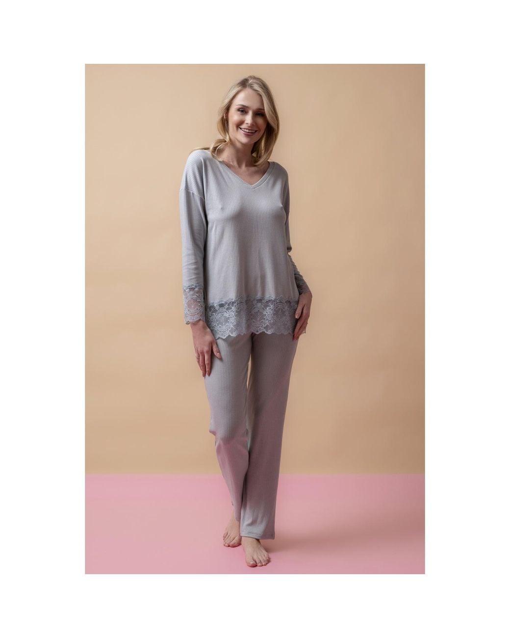 Oh!Zuza Gray Santal Lace Trim Long Pyjama Set – Mint