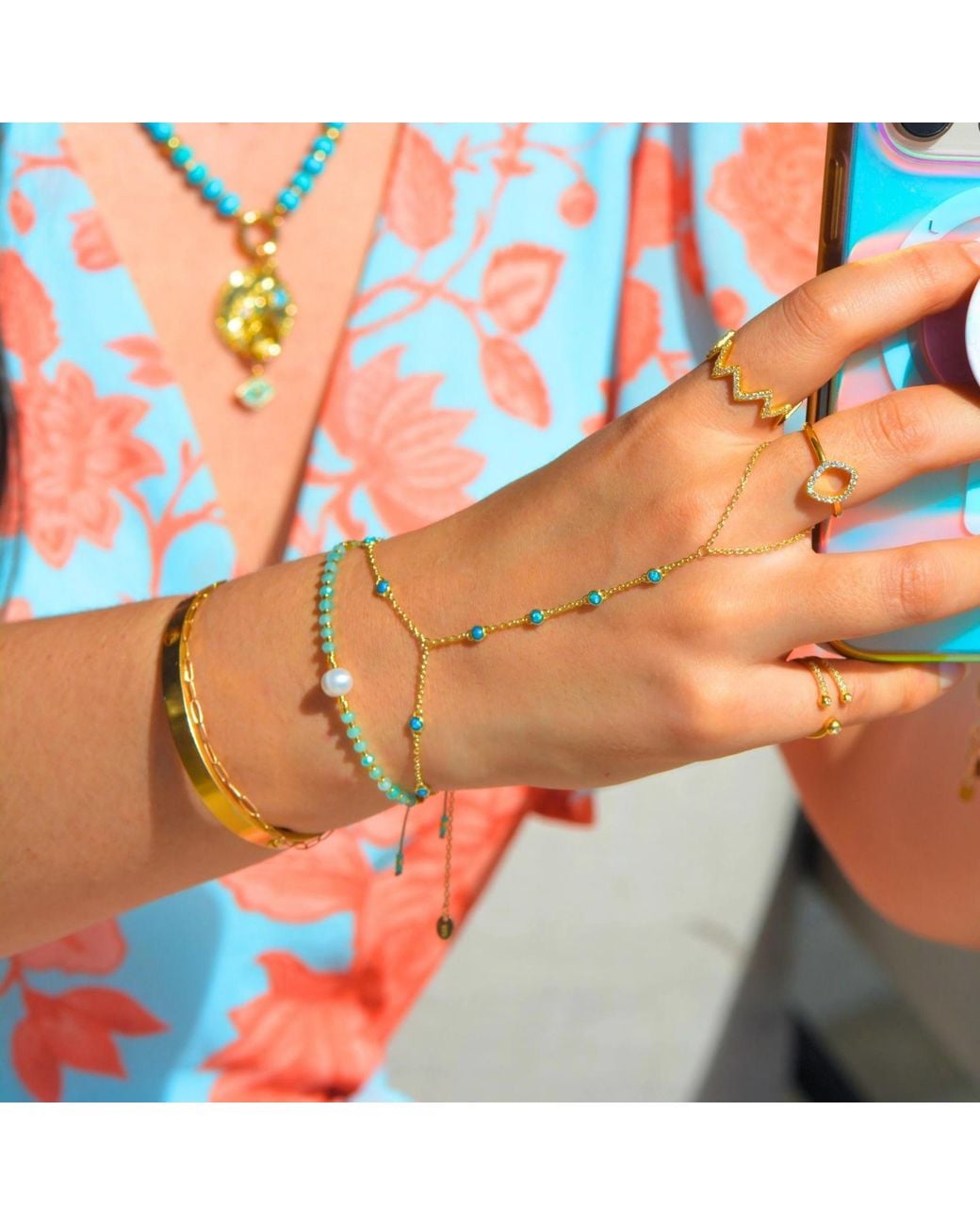 KAMARIA Metallic Eternal Line Hand Chain Bracelet With Opal