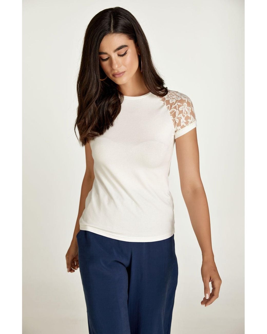 Conquista White Neutrals Ecru Top With Short Lace Sleeves
