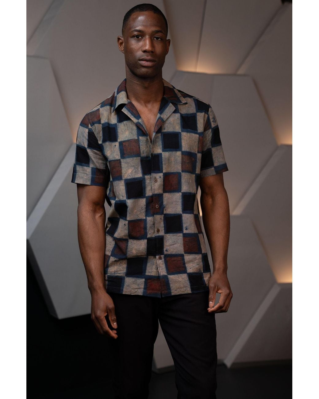 Stovaria Black Camp Collar Half Sleeve Organic Cotton Shirt With Natural Dye Handblock Squares for men