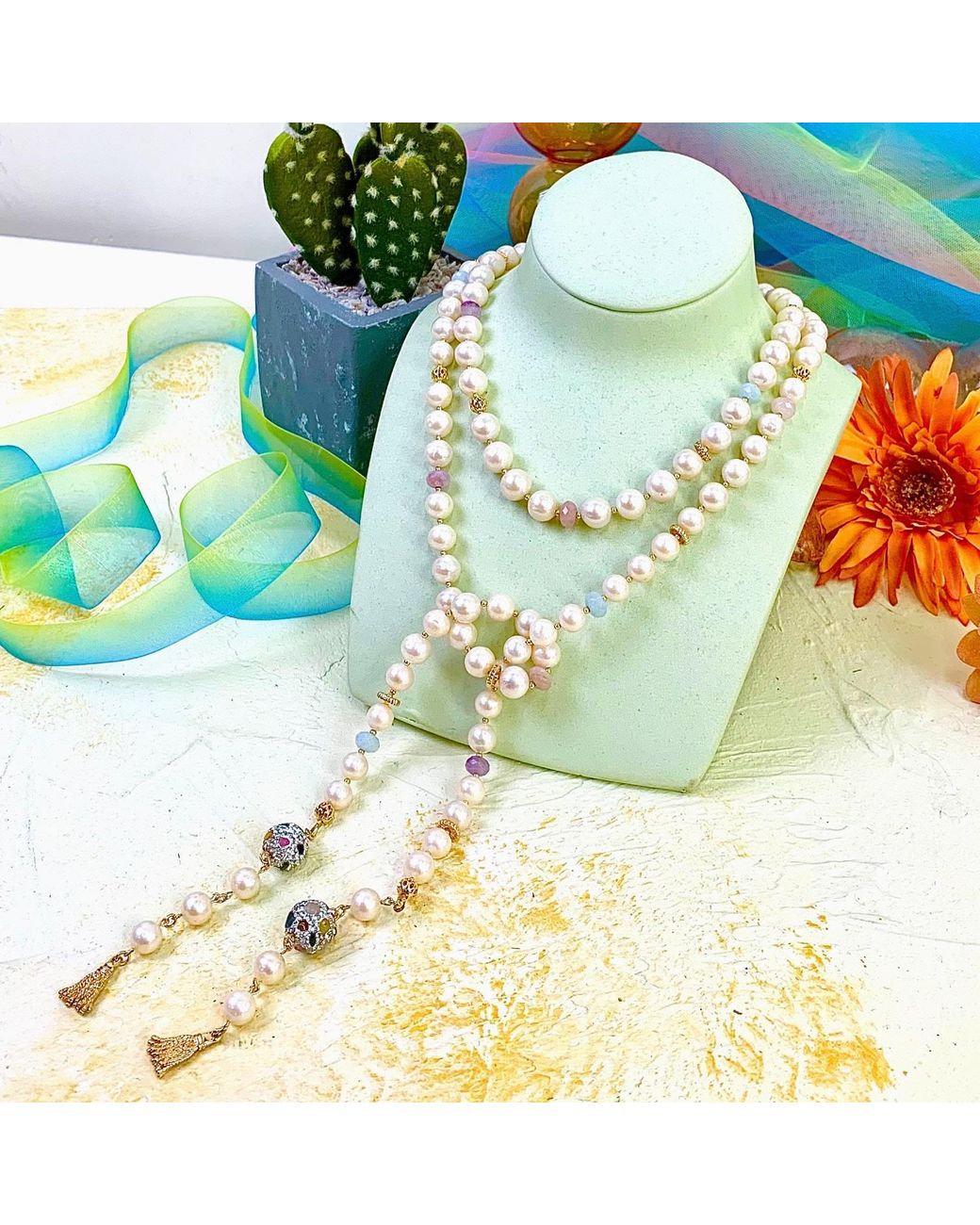 Farra Multicolor Freshwater Pearls With Rhinestones Bordered Tourmaline Multi-way Open Ended Necklace