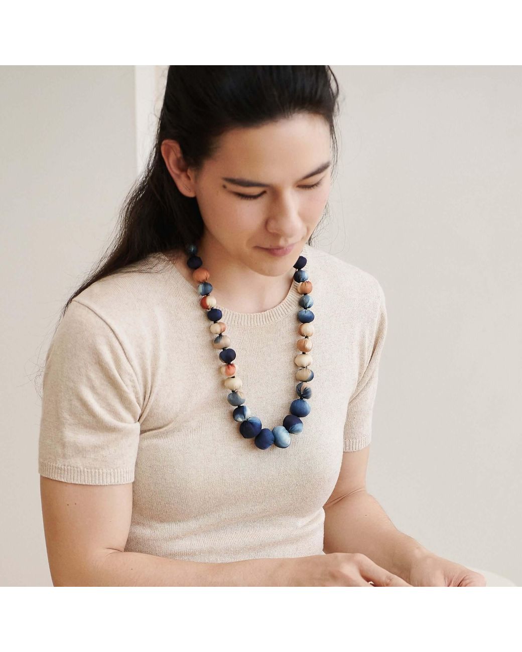 Variously Blue Mihika Silk Beaded Necklace Modern Artisanal— Indigold for men