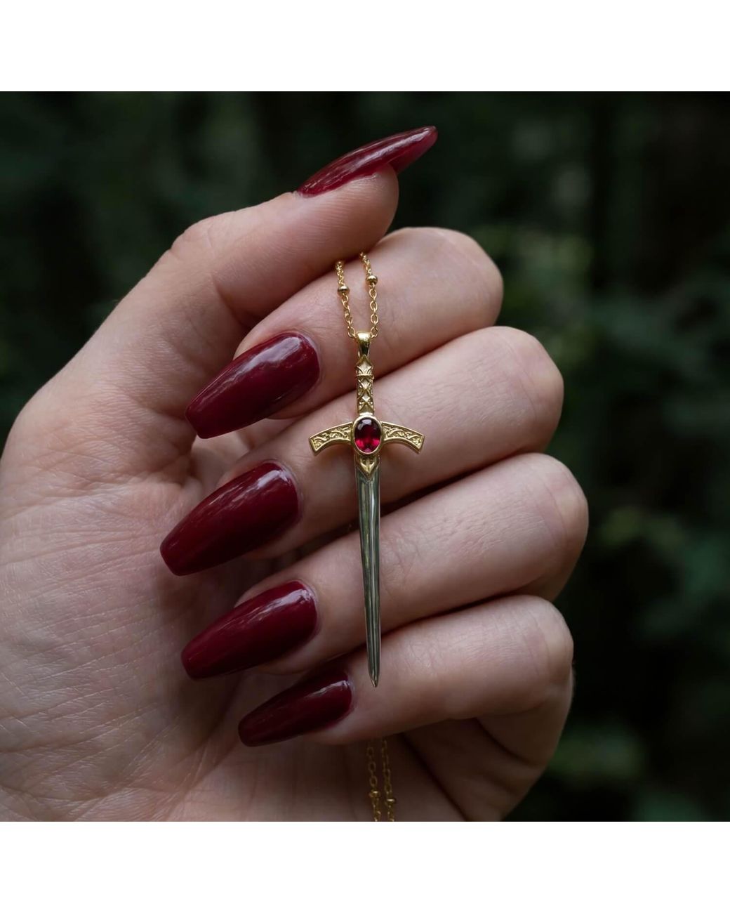 Azura Jewelry New York White Oathblade Garnet Sword Necklace Vermeil
